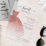 Modern Sweet 16 Script Verjaardagsfeest Vellum Uitnodigingen<br><div class="desc">Met een  blush roze jurk en faux roos gouden glitter met modern script en populaire typografie,  is deze verjaardagsuitnodiging perfect voor een prinses die haar lieve 16e verjaardag viert. Vervang eenvoudig de feestdetails door op de knop "Personaliseren" te klikken.</div>
