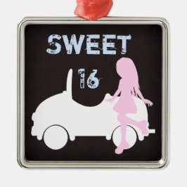 Modern Sweet 16 Silhouette Meisje en Auto Kerstmis Metalen Ornament