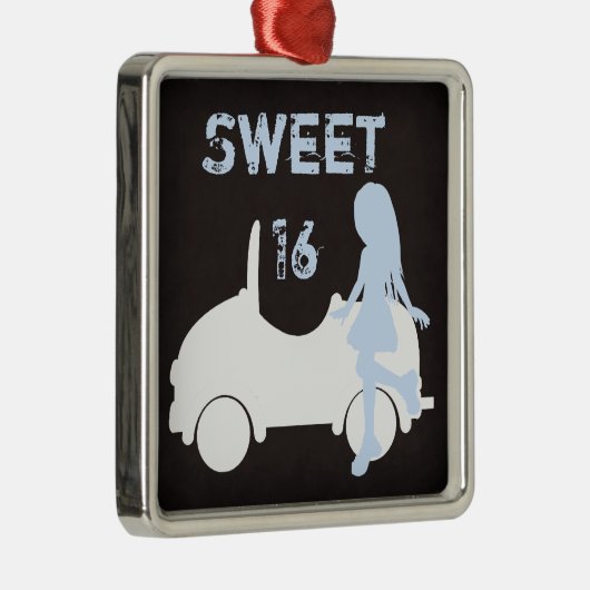 Modern Sweet 16 Silhouette Meisje en Auto Metalen Ornament (Rechts)