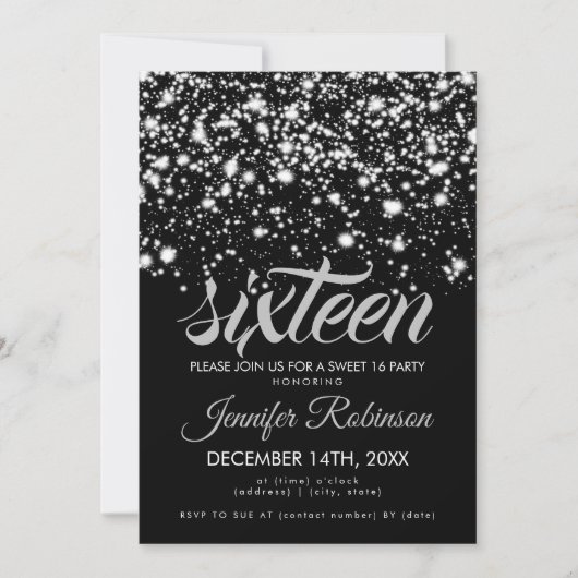 Modern Sweet 16 Silver & Black Midnight Glam Kaart (Voorkant)