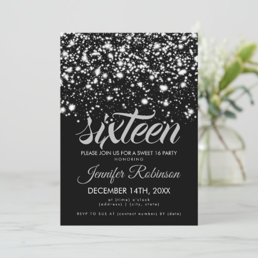 Modern Sweet 16 Silver & Black Midnight Glam Kaart (Staand voorkant)