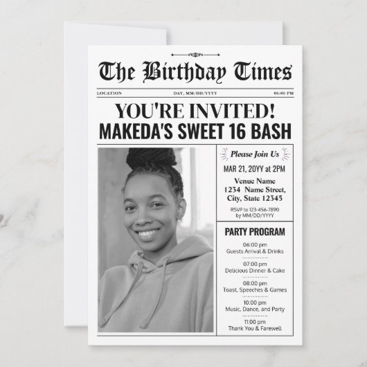 Modern Sweet 16 Uitnodiging met Programma Krant (Voorkant)