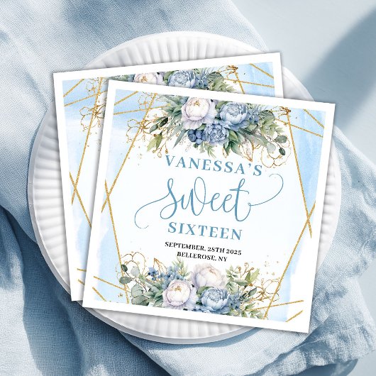 Modern Sweet 16th Dusty Blue Gold Frame Party  Servet