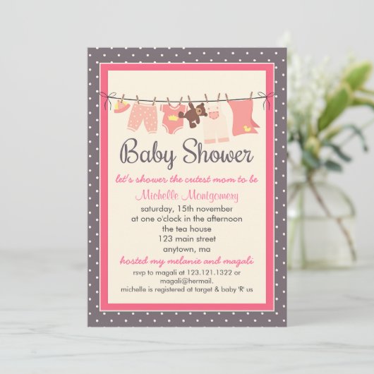 Modern Sweet Baby Clothes Line Girl Baby shower Kaart (Staand voorkant)