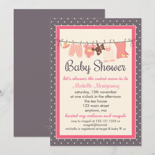 Modern Sweet Baby Clothes Line Girl Baby shower Kaart (Voorkant / Achterkant)