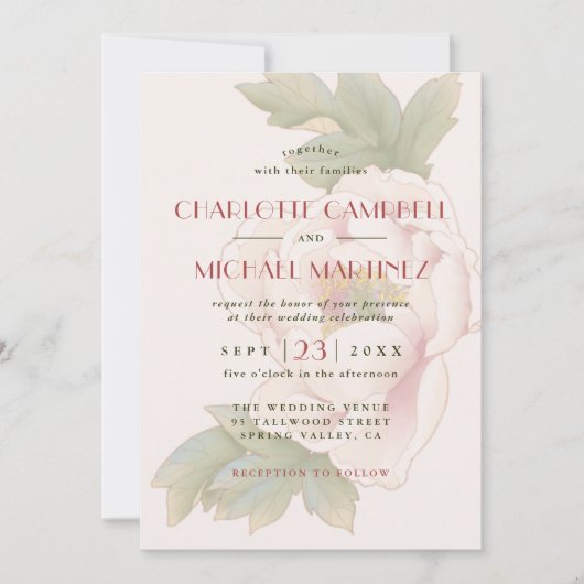 Modern Sweet Blush Pink Peony Floral Wedding Invit Kaart (Voorkant)