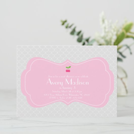 Modern & Sweet Cherry Invitation - Roze en grijs Kaart (Staand voorkant)
