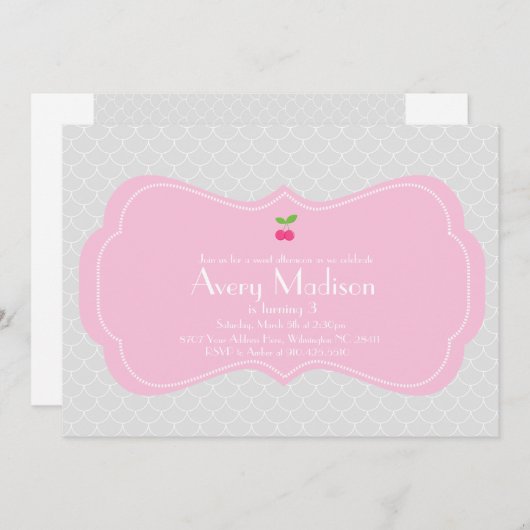 Modern & Sweet Cherry Invitation - Roze en grijs Kaart (Voorkant / Achterkant)