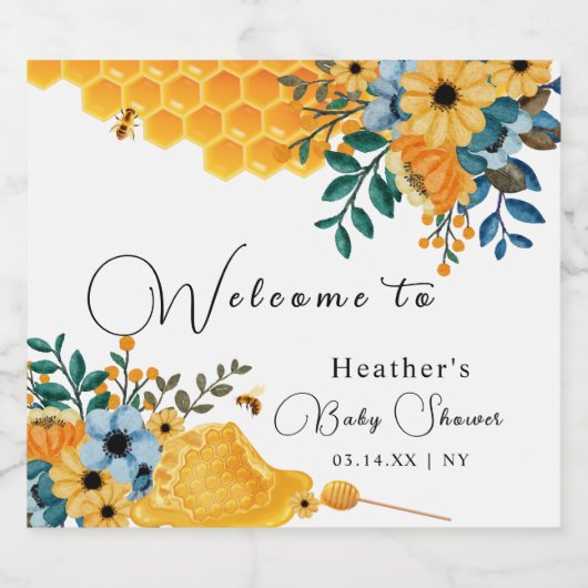 Modern Sweet Honey Bee Floral Baby shower Welkom Sparkling Wijnetiket (Enkel label)