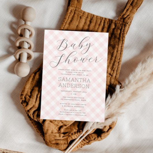 Modern + Sweet Pink Gingham Girl Baby shower Kaart