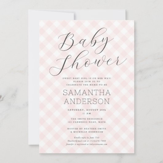 Modern + Sweet Pink Gingham Girl Baby shower Kaart (Voorkant)