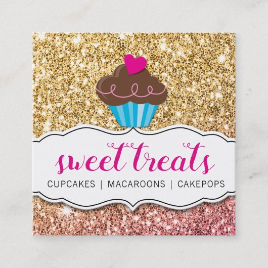 MODERN SWEET schattig cupcake bakkerij roze goud g Vierkante Visitekaartje (Voorkant)