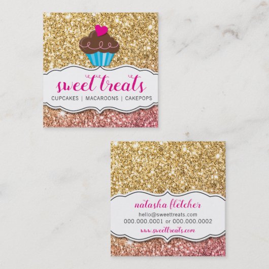 MODERN SWEET schattig cupcake bakkerij roze goud g Vierkante Visitekaartje (Voorkant / Achterkant)