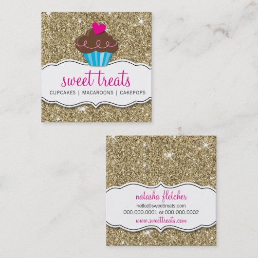 MODERN SWEET schattig cupcake bakkerij roze goud g Vierkante Visitekaartje (Voorkant / Achterkant)