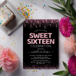 Modern Sweet Sixteen 16e verjaardagsfeestje Kaart<br><div class="desc">Moderne 16e verjaardagsfeestuitnodigingen met een stijlvolle zwarte achtergrond,  roze glitter en confetti,  lieve zestien roze helliumballonnen en een zestiende verjaardagsviering sjabloon die gemakkelijk te personaliseren is.</div>