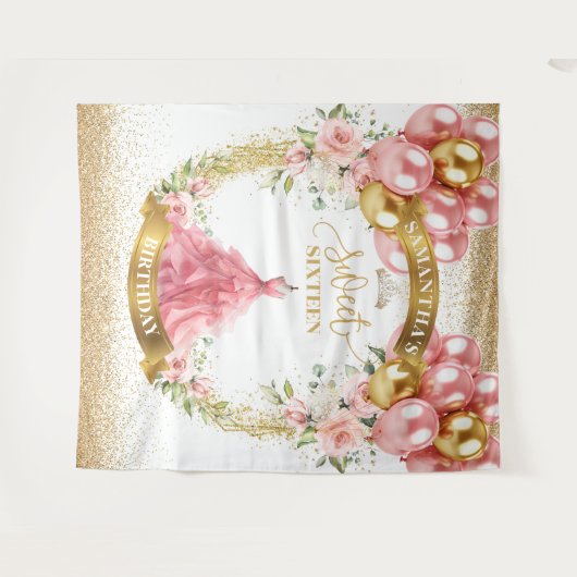 Modern Sweet Sixteen Achtergrond Blush Gouden Ball Wandkleed (Voorkant (horizontaal))