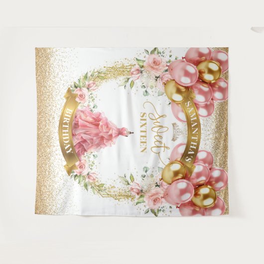 Modern Sweet Sixteen Achtergrond Blush Jurk Glitte Wandkleed (Voorkant (horizontaal))