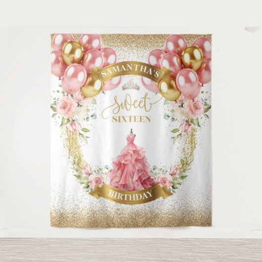 Modern Sweet Sixteen Achtergrond Blush Jurk Glitte Wandkleed (Voorkant)