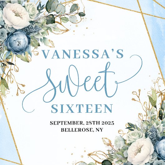 Modern Sweet Sixteen Blue Floral Gold Glitter  Servet
