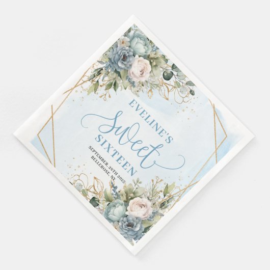 Modern Sweet Sixteen Blue Floral Gold Glitter  Servet (Hoek)