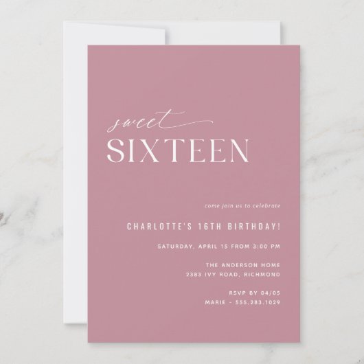 Modern Sweet Sixteen Dusty Roos Roze 16e Verjaarda Kaart (Voorkant)