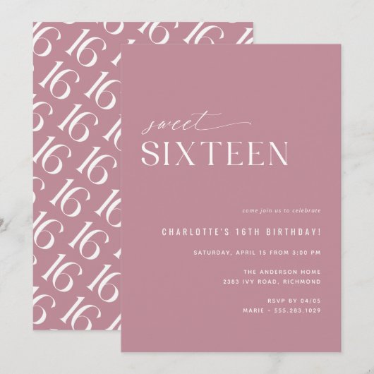 Modern Sweet Sixteen Dusty Roos Roze 16e Verjaarda Kaart (Voorkant / Achterkant)