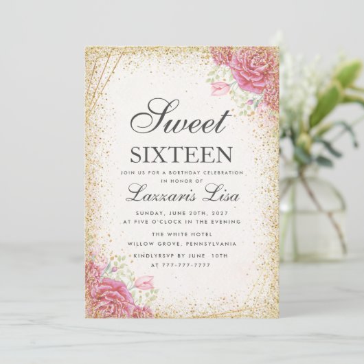 Modern Sweet Sixteen Surprise Bloemen verjaardag Kaart (Staand voorkant)