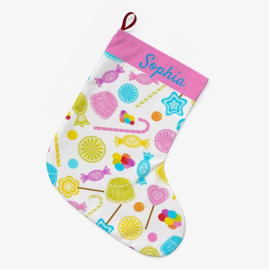 Modern Sweet Snoep Pattern Cute Custom Name Grote Kerstsok (Voorkant (Hangend))