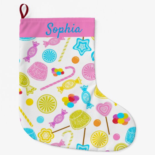 Modern Sweet Snoep Pattern Cute Custom Name Grote Kerstsok (Voorkant)