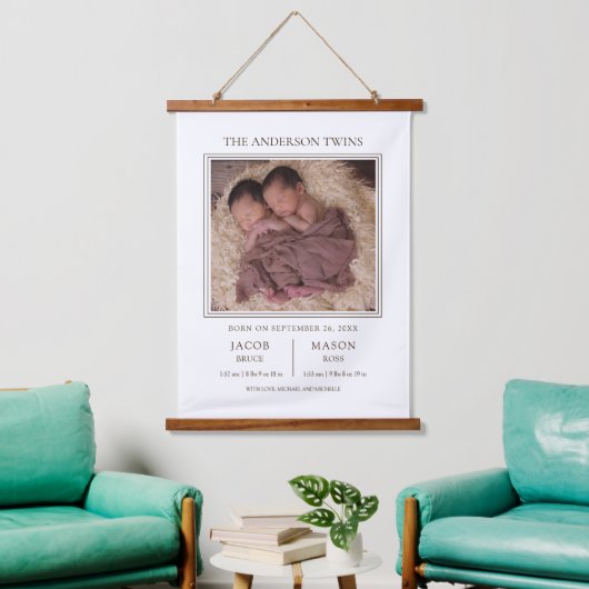 Modern Sweet Twins Photo Birth Announcement Hangend Wandkleed (Woonkamer)