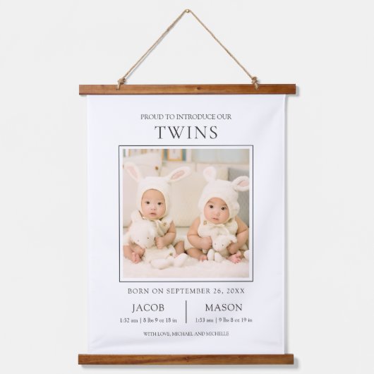 Modern Sweet Twins Photo Birth Announcement Hangend Wandkleed (Voorkant)