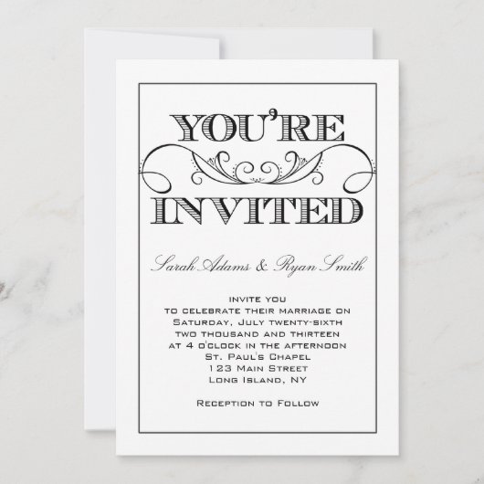 Modern Swirl Black & White Wedding Invitation Kaart (Voorkant)