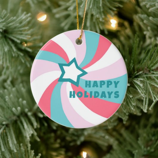 Modern Swirl HAPPY HOLIDAYS CUSTOM Green Pink Keramisch Ornament (Boom)