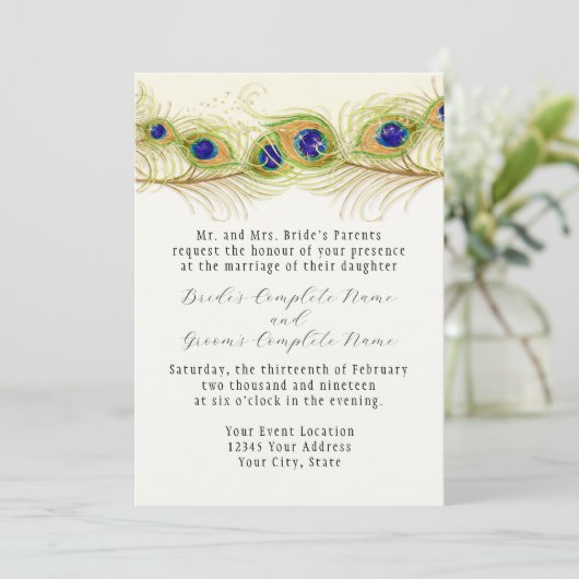 Modern Swirl Peacock Feathers Monogram Kaart (Staand voorkant)