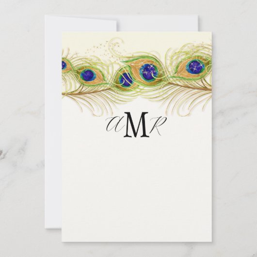 Modern Swirl Peacock Feathers Monogram Kaart (Achterkant)