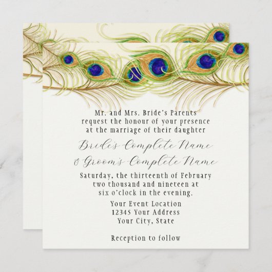 Modern Swirl Peacock Feathers Monogram Kaart (Voorkant / Achterkant)