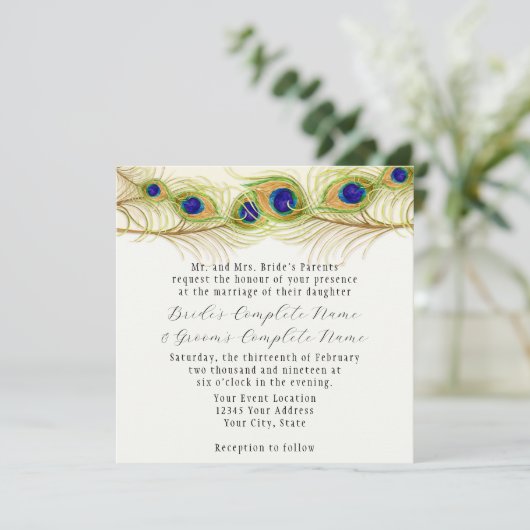 Modern Swirl Peacock Feathers Monogram Kaart (Staand voorkant)