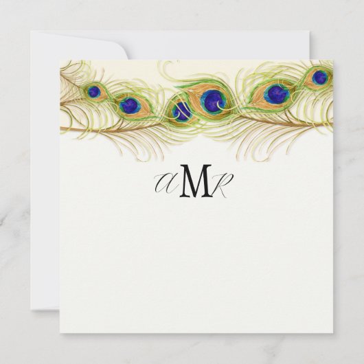 Modern Swirl Peacock Feathers Monogram Kaart (Achterkant)