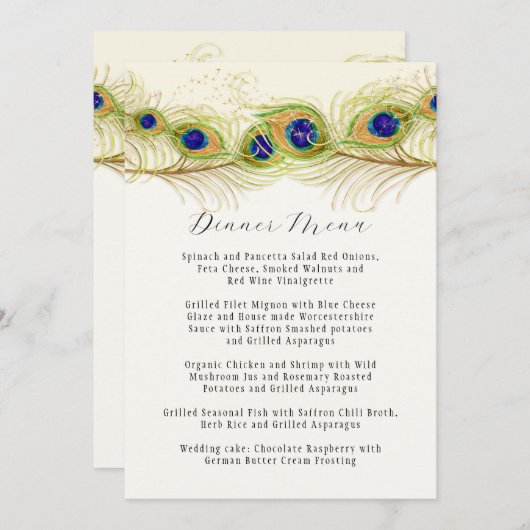 Modern Swirl Peacock Feathers Monogram Menu (Voorkant / Achterkant)