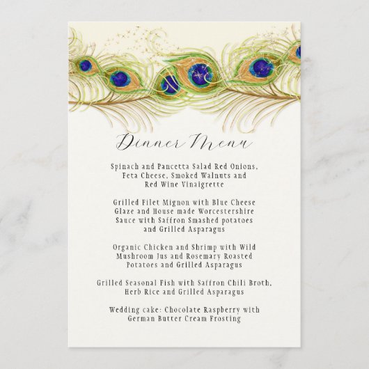 Modern Swirl Peacock Feathers Monogram Menu (Voorkant)