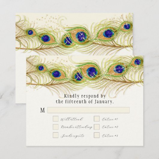 Modern Swirl Peacock Feathers Monogram RSVP Kaartje (Voorkant / Achterkant)