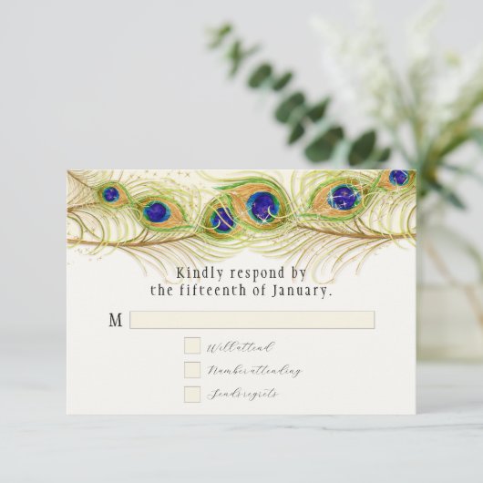 Modern Swirl Peacock Feathers Monogram RSVP Kaartje (Staand voorkant)