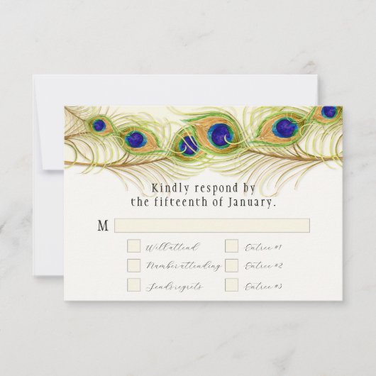 Modern Swirl Peacock Feathers Monogram RSVP Kaartje (Voorkant)