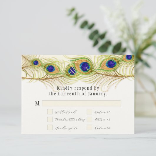 Modern Swirl Peacock Feathers Monogram RSVP Kaartje (Staand voorkant)