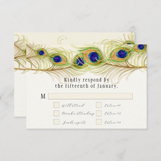 Modern Swirl Peacock Feathers Monogram RSVP Kaartje (Voorkant / Achterkant)