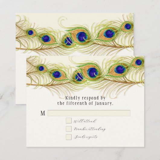 Modern Swirl Peacock Feathers Monogram RSVP Kaartje (Voorkant / Achterkant)