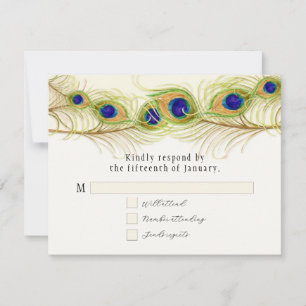 Modern Swirl Peacock Feathers Monogram RSVP Kaartje