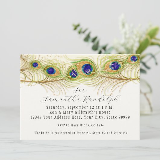 Modern Swirl Peacock Feathers Vrijgezellenfeest In Kaart (Staand voorkant)