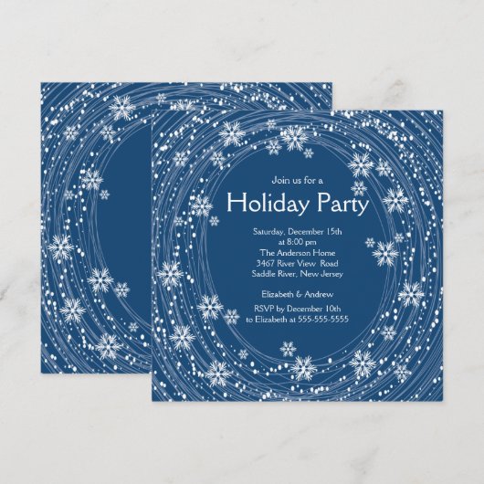 Modern Swirl Snowflakes Holiday Party Blue Kaart (Voorkant / Achterkant)