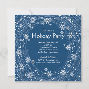Modern Swirl Snowflakes Holiday Party Blue Kaart